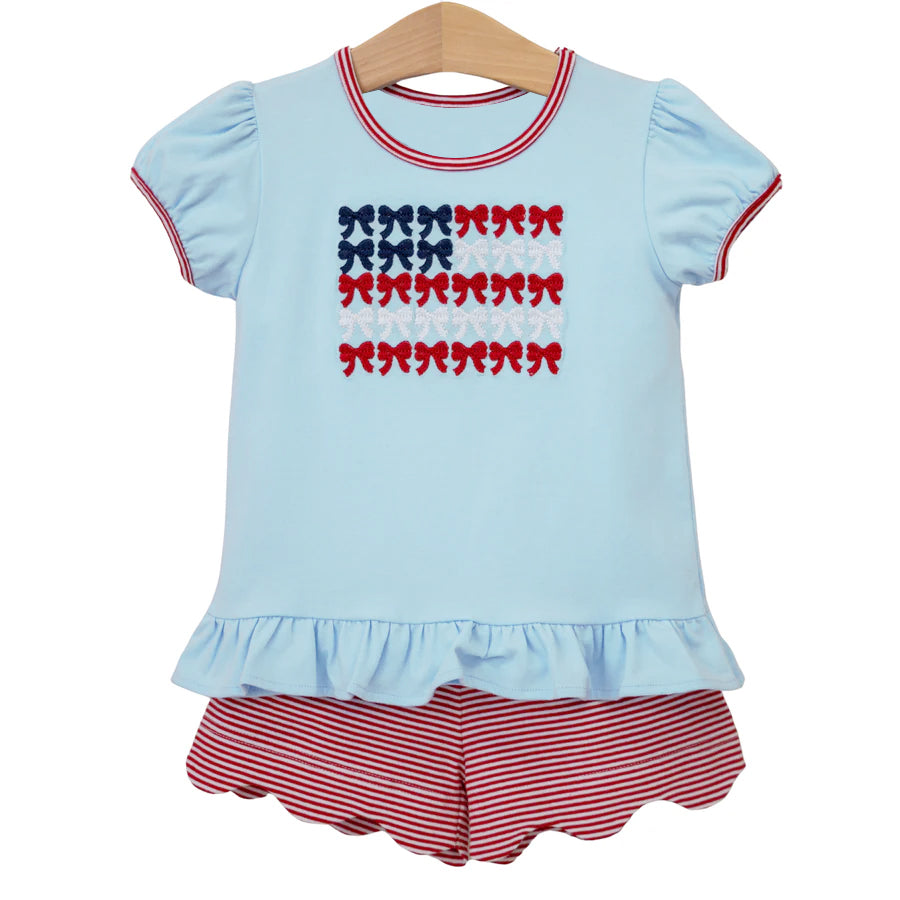 GSSO3384 Preorder Baby Girl Short Sleeve Flag Bows Top Stripe Ruffle Shorts 4th of July Clothes Set