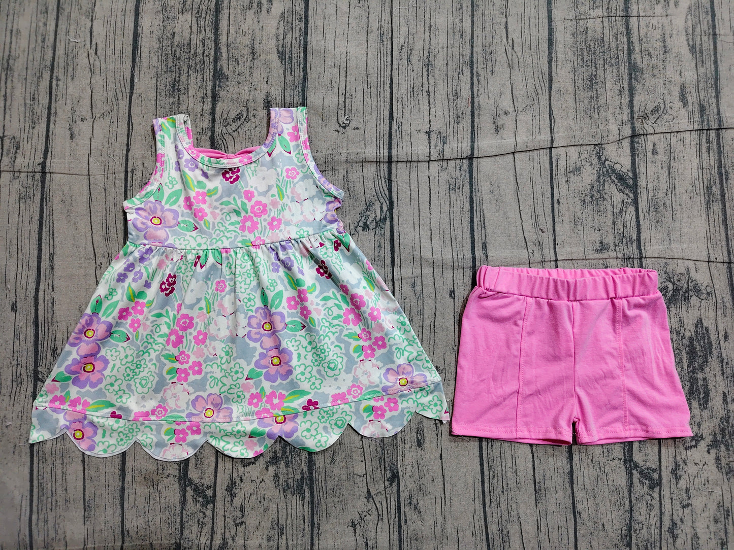GSSO3385 Preorder Sample Baby Girl Sleeveless Colorful Flowers Tunic Shorts Clothes Set