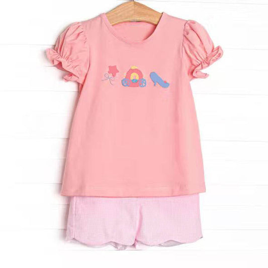 GSSO3387 Preorder Baby Girls Short Ruffle Sleeve Pumpkins Princess Top Scallop Shorts Clothes Set