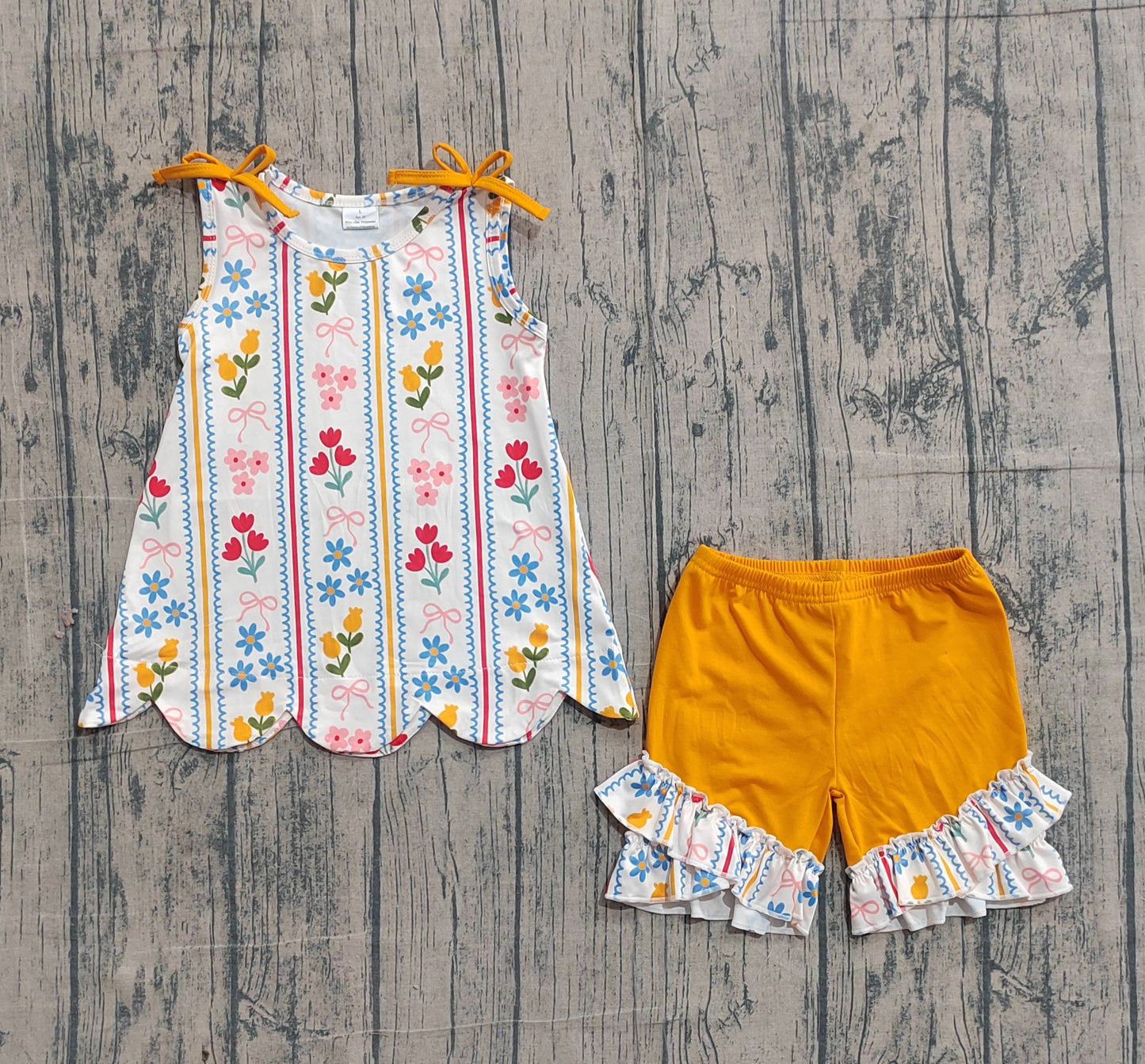 GSSO3388 Preorder Sample Baby Girl Sleeveless Bows Flowers Stripe Tunic Ruffle Shorts Clothes Set