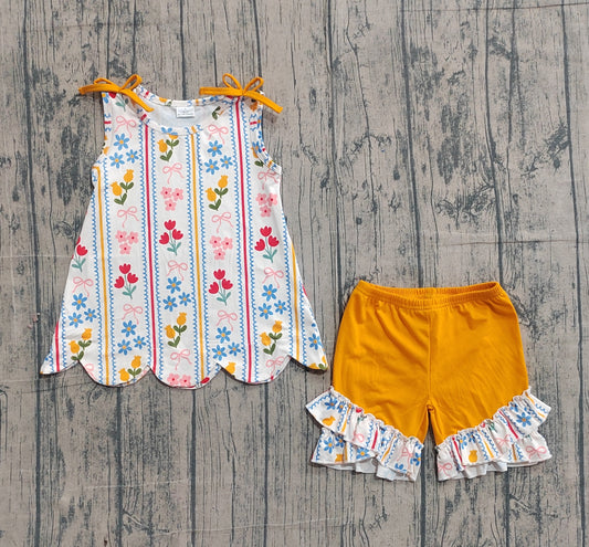GSSO3388 Preorder Sample Baby Girl Sleeveless Bows Flowers Stripe Tunic Ruffle Shorts Clothes Set