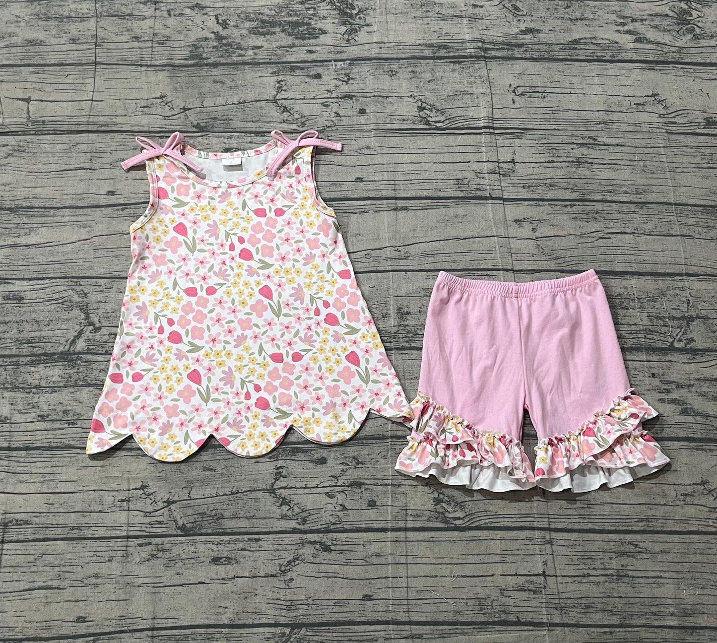 GSSO3389 Preorder Sample Baby Girl Sleeveless Colorful Flowers Tunic Ruffle Shorts Clothes Set