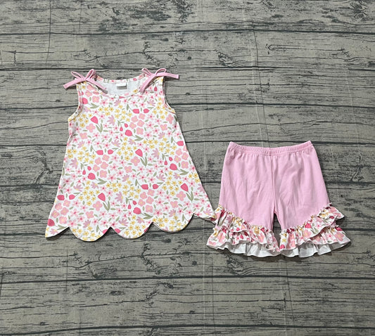 GSSO3389 Preorder Sample Baby Girl Sleeveless Colorful Flowers Tunic Ruffle Shorts Clothes Set