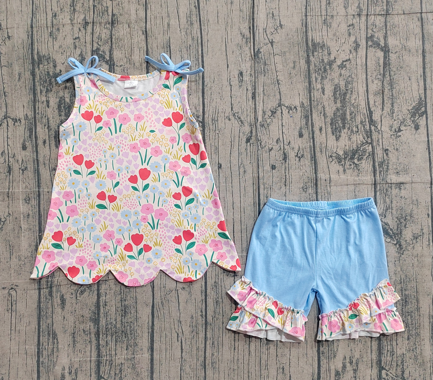 GSSO3390 Preorder Sample Baby Girl Sleeveless Colorful Flowers Tunic Ruffle Shorts Clothes Set