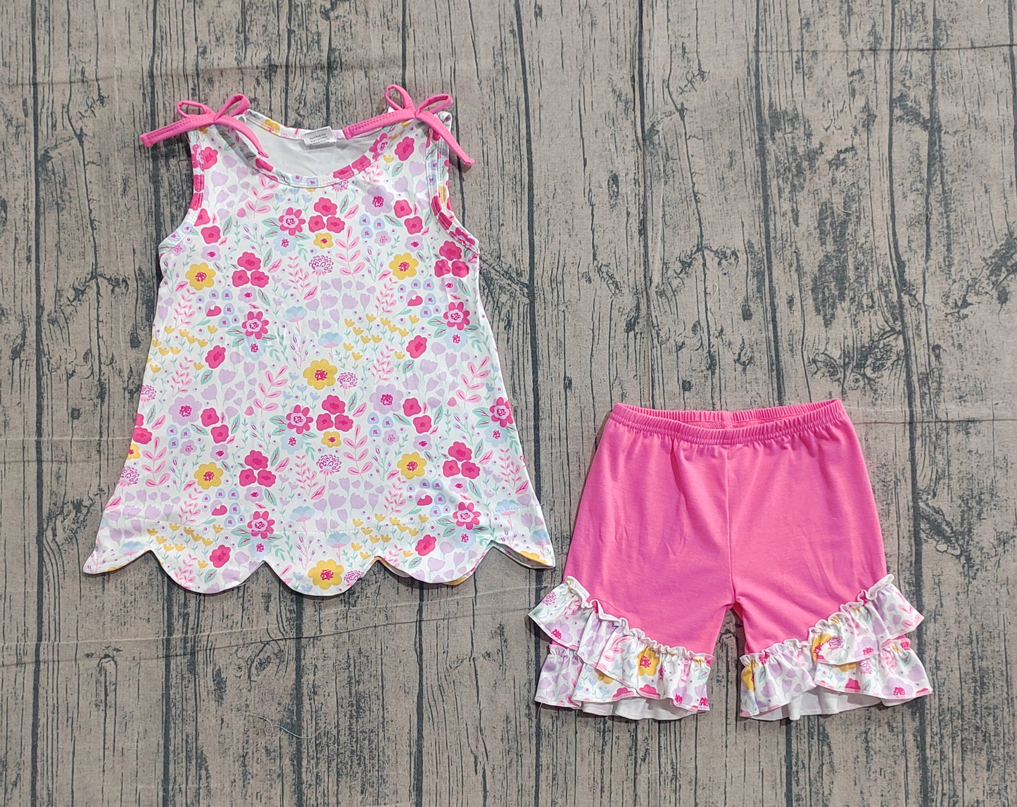 GSSO3391 Preorder Sample Baby Girl Sleeveless Colorful Flowers Tunic Ruffle Shorts Clothes Set