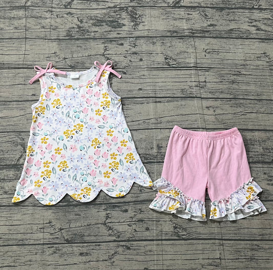 GSSO3392 Preorder Sample Baby Girl Sleeveless Colorful Flowers Tunic Ruffle Shorts Clothes Set