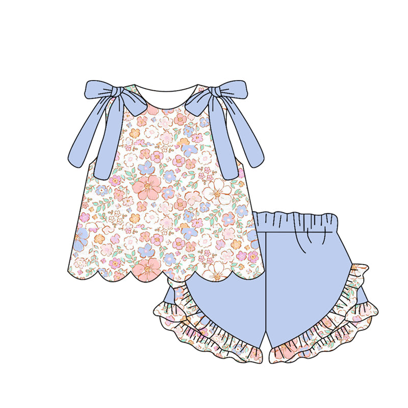 GSSO3393 Preorder Baby Girls Sleeveless Colorful Flowers Tunic Ruffle Shorts Clothes Set