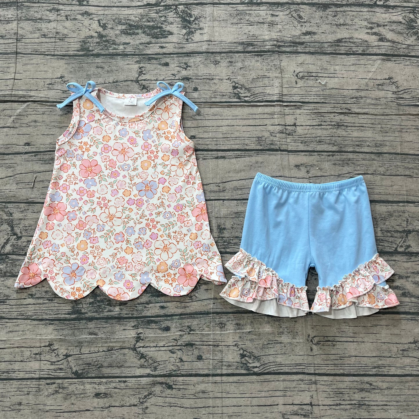 GSSO3393 Preorder Sample Baby Girl Sleeveless Colorful Flowers Tunic Ruffle Shorts Clothes Set