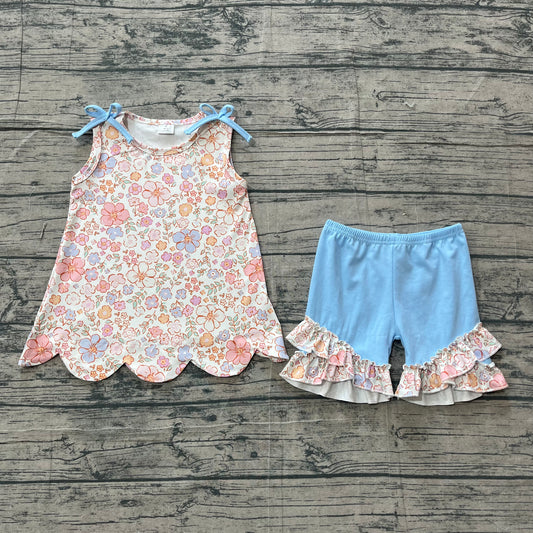GSSO3393 Preorder Sample Baby Girl Sleeveless Colorful Flowers Tunic Ruffle Shorts Clothes Set