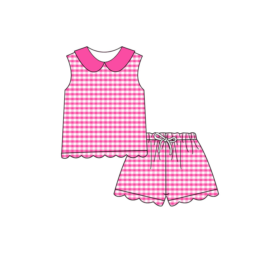 GSSO3395 Preorder Baby Girls Sleeveless Hot Pink Checked Collar Top Scallop Shorts Clothes Set