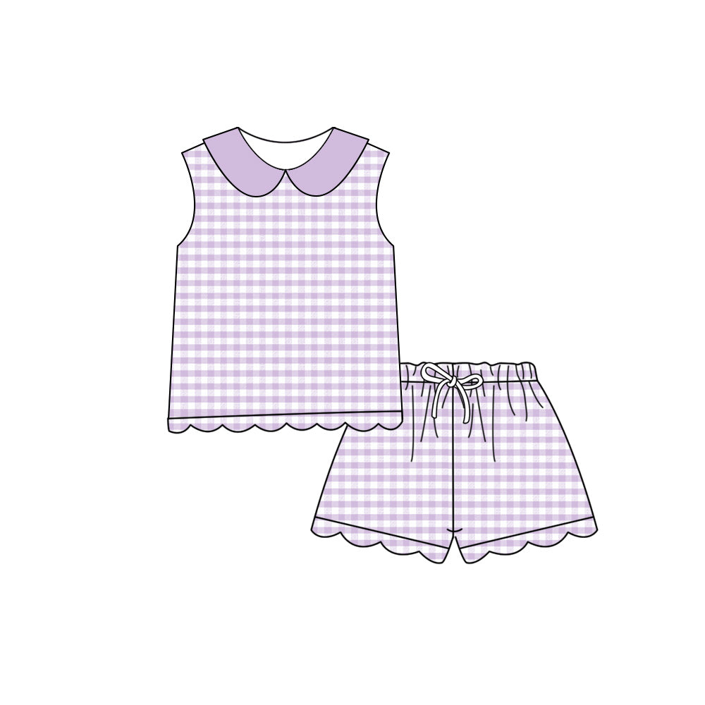 GSSO3396 Preorder Baby Girls Sleeveless Lavender Checked Collar Top Scallop Shorts Clothes Set