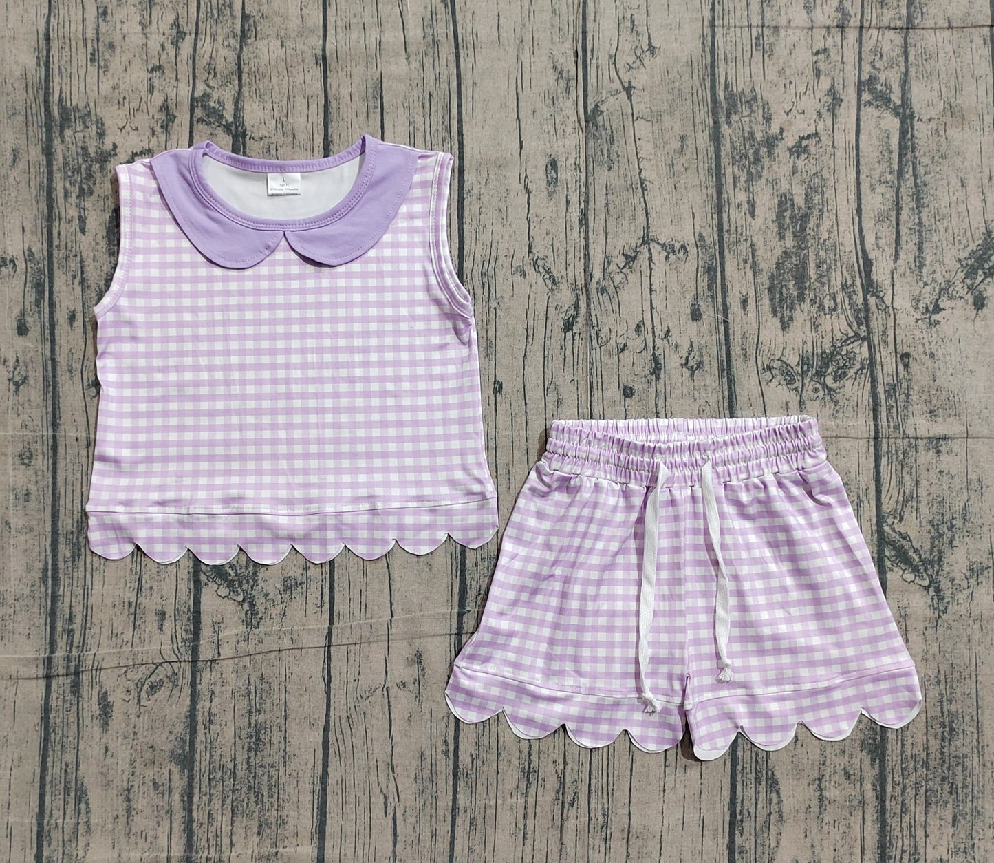 GSSO3396 Preorder Sample Baby Girl Sleeveless Lavender Checked Collar Top Scallop Shorts Clothes Set