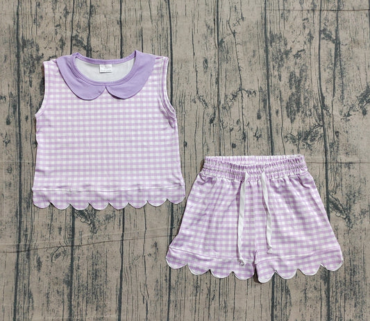GSSO3396 Preorder Sample Baby Girl Sleeveless Lavender Checked Collar Top Scallop Shorts Clothes Set