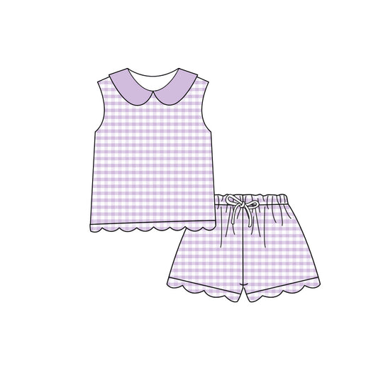 GSSO3396 Preorder Baby Girls Sleeveless Lavender Checked Collar Top Scallop Shorts Clothes Set