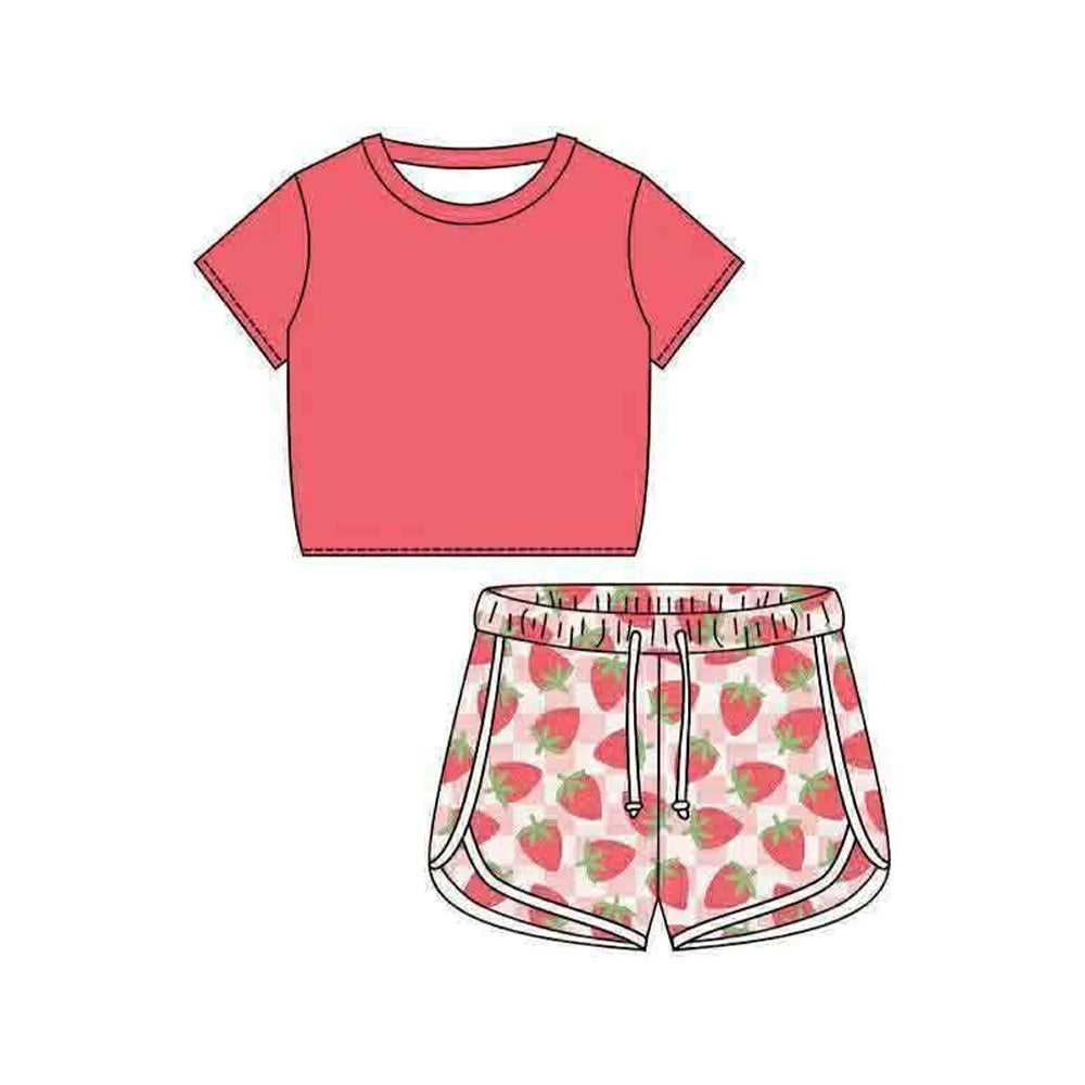 GSSO3399 Preorder Baby Girls Short Sleeve Shirt Top Strawberry Checked Shorts Clothes Set