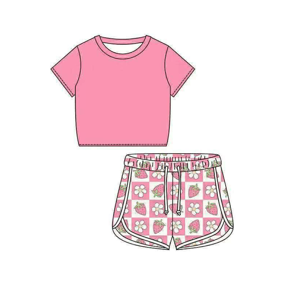 GSSO3400 Preorder Baby Girls Short Sleeve Shirt Top Strawberry Checked Shorts Clothes Set