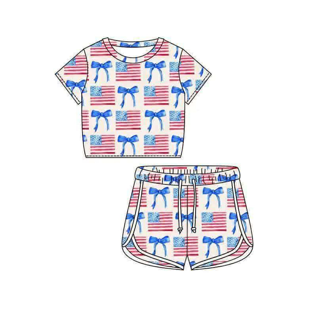 GSSO3402 Preorder Baby Girls Short Sleeve Bows Flags Top Shorts 4th of July Clothes Set
