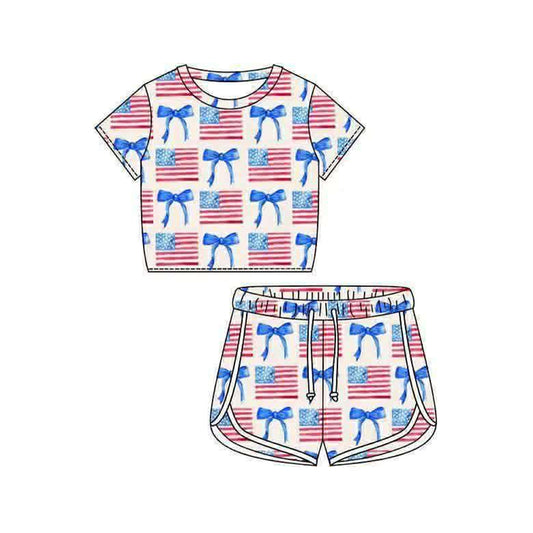 GSSO3402 Preorder Baby Girls Short Sleeve Bows Flags Top Shorts 4th of July Clothes Set