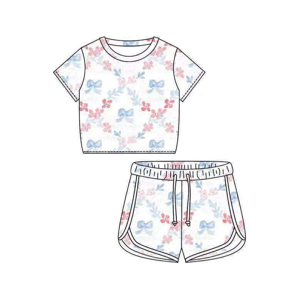 GSSO3403 Preorder Baby Girls Short Sleeve Bows Flowers Checked Top Shorts Clothes Set