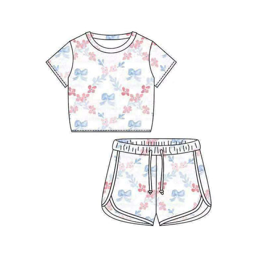 GSSO3403 Preorder Baby Girls Short Sleeve Bows Flowers Checked Top Shorts Clothes Set