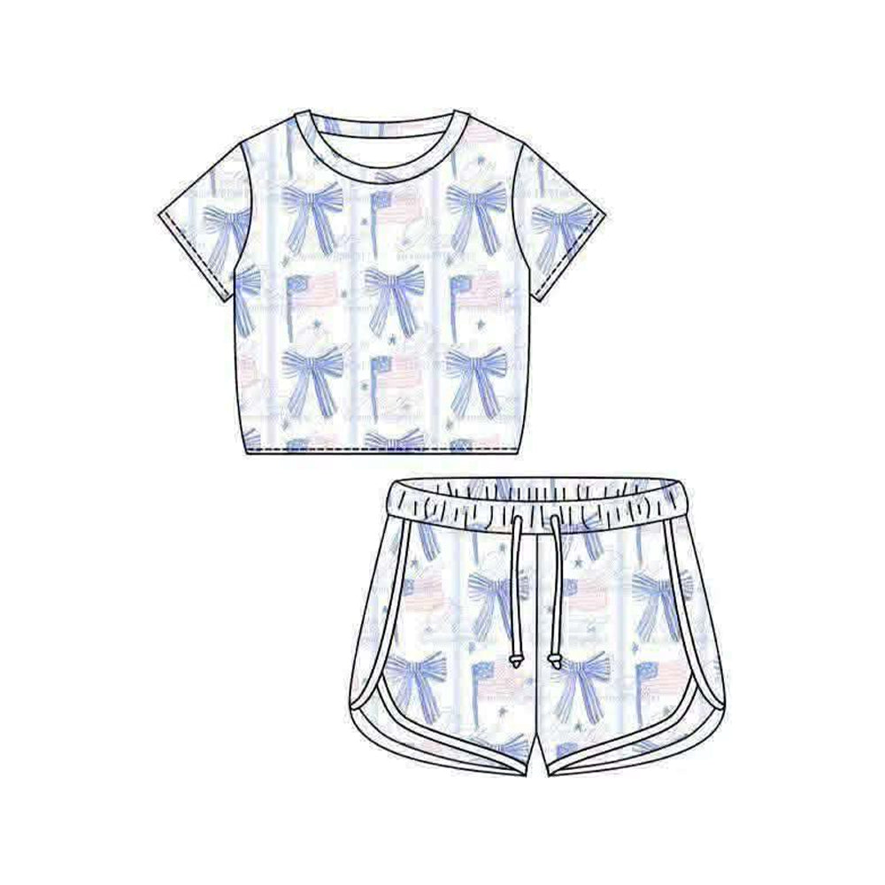 GSSO3404 Preorder Baby Girls Short Sleeve Bows Flags Top 4th of July Shorts Clothes Set