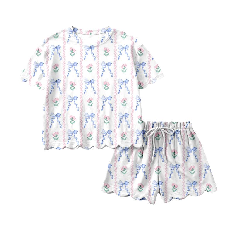 GSSO3405 Preorder Adult Women Bows Flowers Stripe Top Scallop Short Clothes Sets