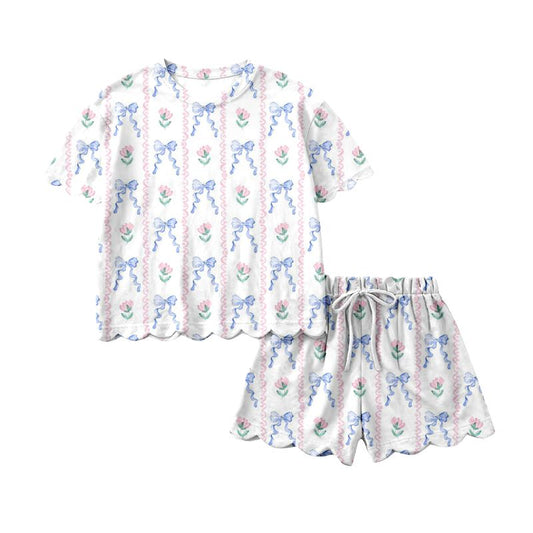 GSSO3405 Preorder Adult Women Bows Flowers Stripe Top Scallop Short Clothes Sets