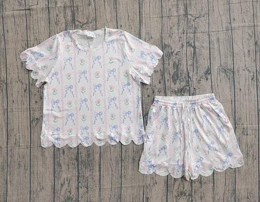 GSSO3405 Preorder Sample Adult Women Bows Flowers Stripe Top Scallop Short Clothes Sets