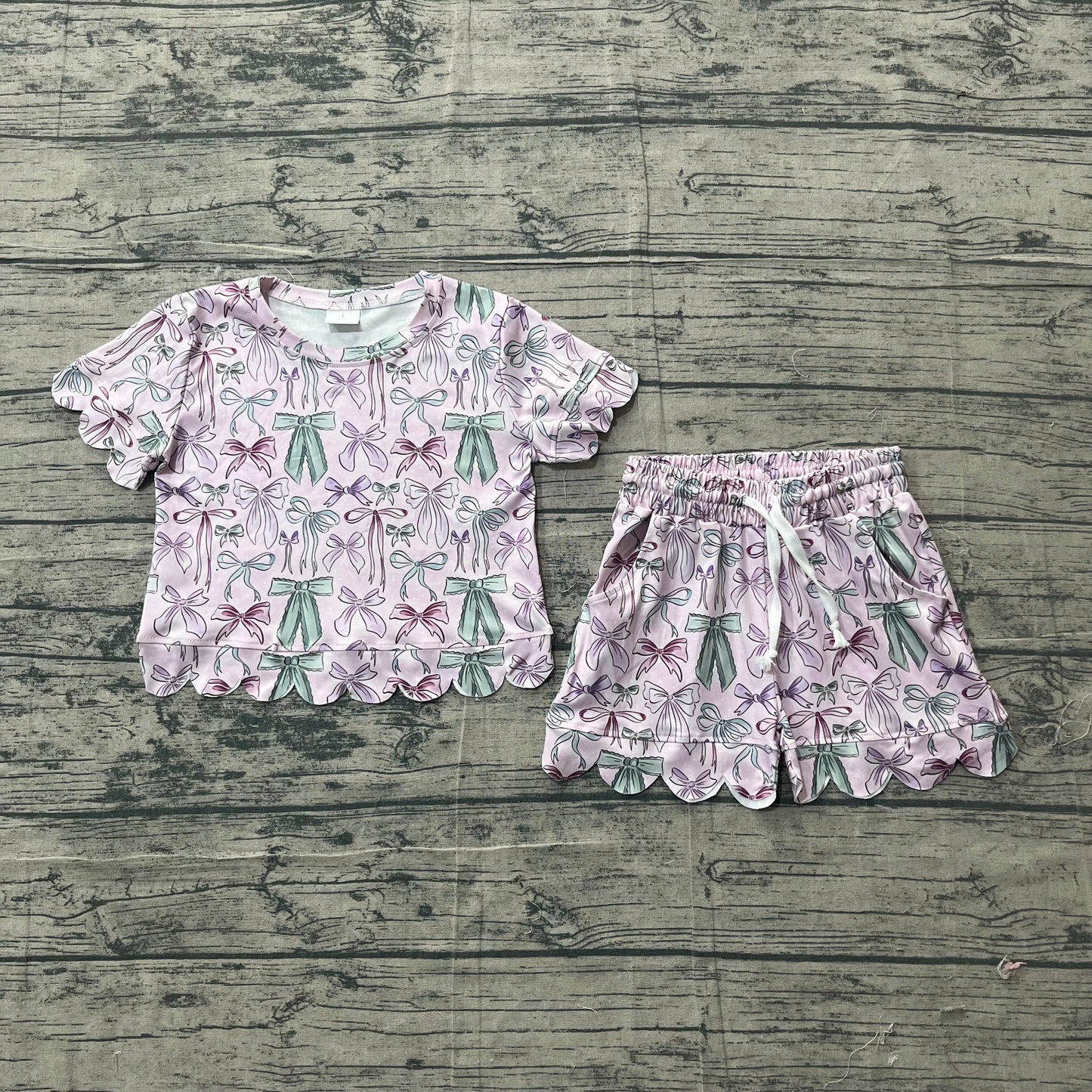 GSSO3409 Preorder Sample Baby Girl Pink Green Bows Plaid Top Scallop Shorts Clothes Set