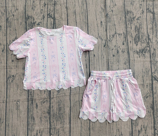 GSSO3410 Preorder Sample Baby Girl Flowers Bows Stripe Top Scallop Shorts Clothes Set