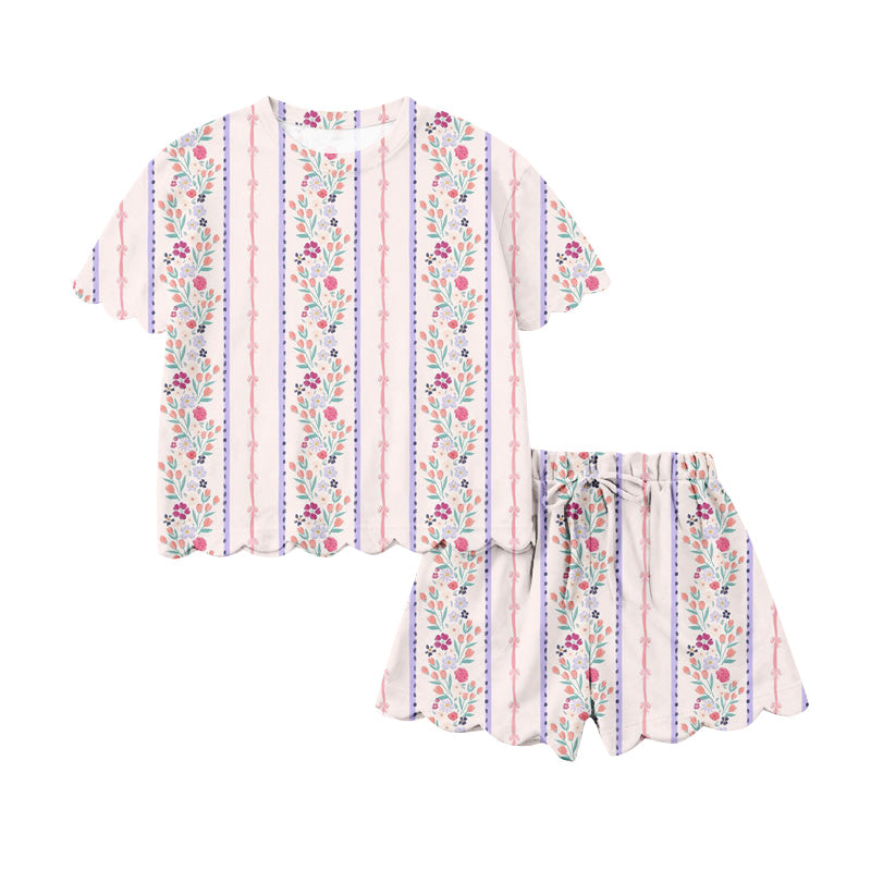 GSSO3411 Preorder Baby Girls Flowers Stripe Top Scallop Shorts Clothes Set
