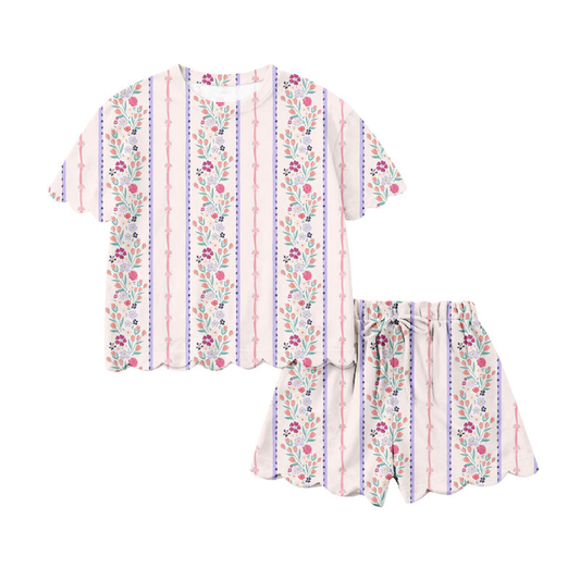 GSSO3411 Preorder Baby Girls Flowers Stripe Top Scallop Shorts Clothes Set