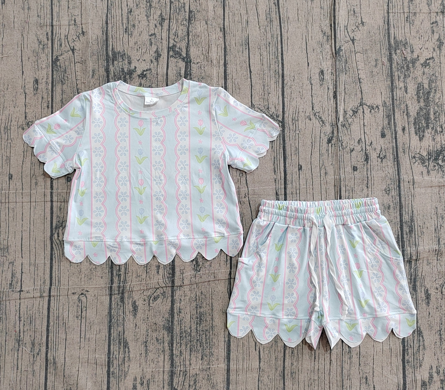 GSSO3412 Preorder Sample Baby Girl Flowers Stripe Top Scallop Shorts Clothes Set