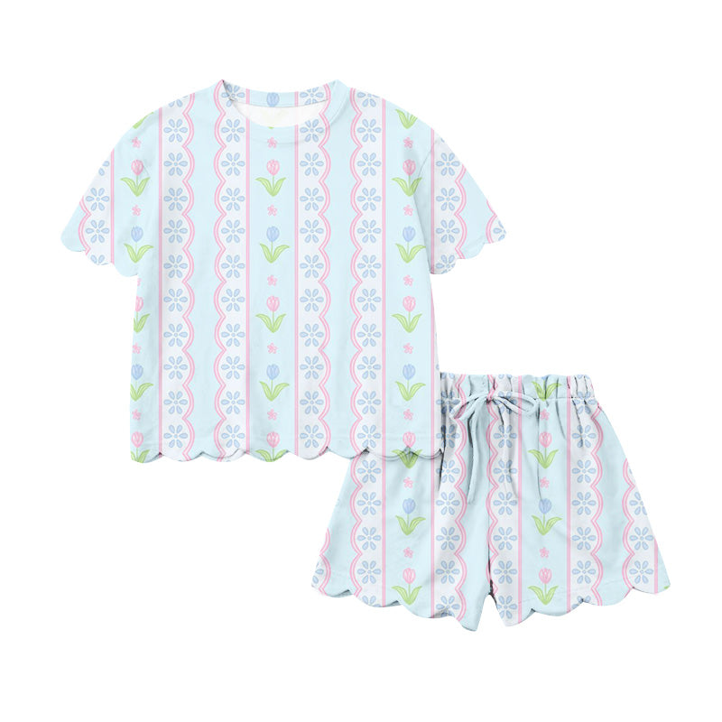 GSSO3412 Preorder Baby Girls Flowers Stripe Top Scallop Shorts Clothes Set
