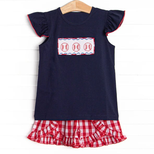 GSSO3413 Preorder Baby Girls Flutter Sleeve Baseball Top Checked Ruffle Shorts Team Clothes Set
