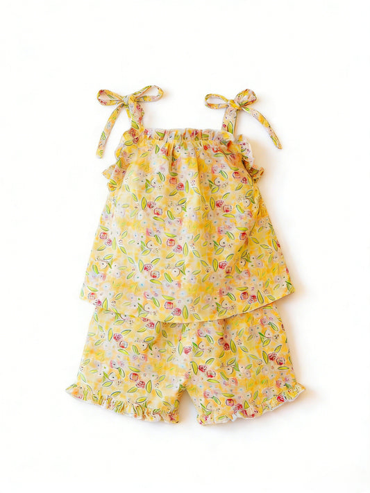 GSSO3414 Preorder Baby Girl Strap Colorful Flowers Tunic Ruffle Short Clothes Sets