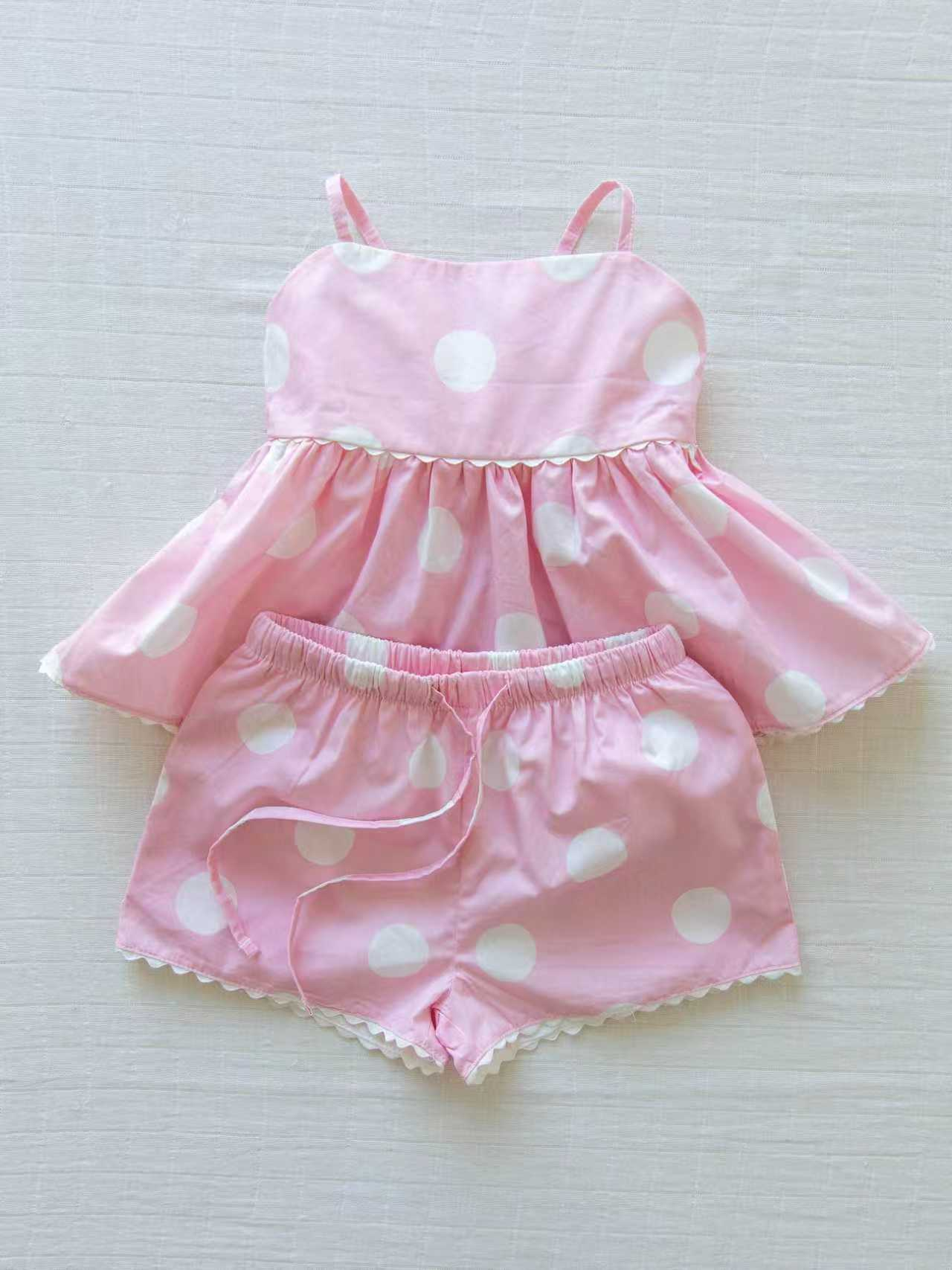 GSSO3417 Preorder Baby Girl White Polka Dots Pink Strap Shorts Set