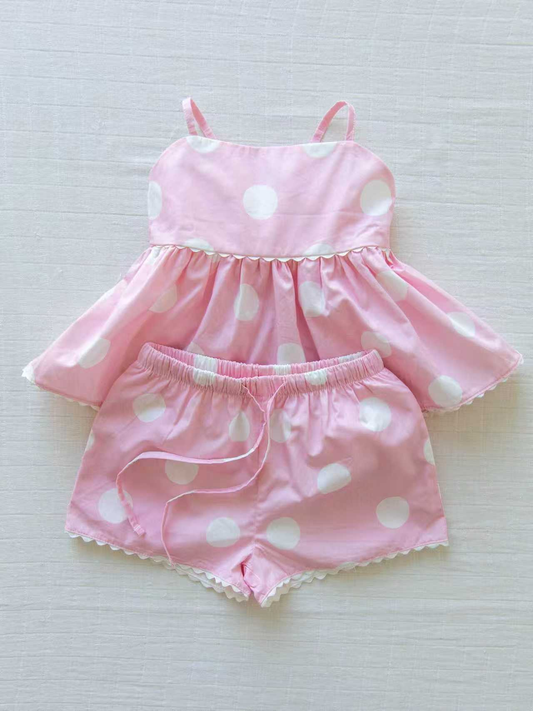 GSSO3417 Preorder Baby Girl White Polka Dots Pink Strap Shorts Set