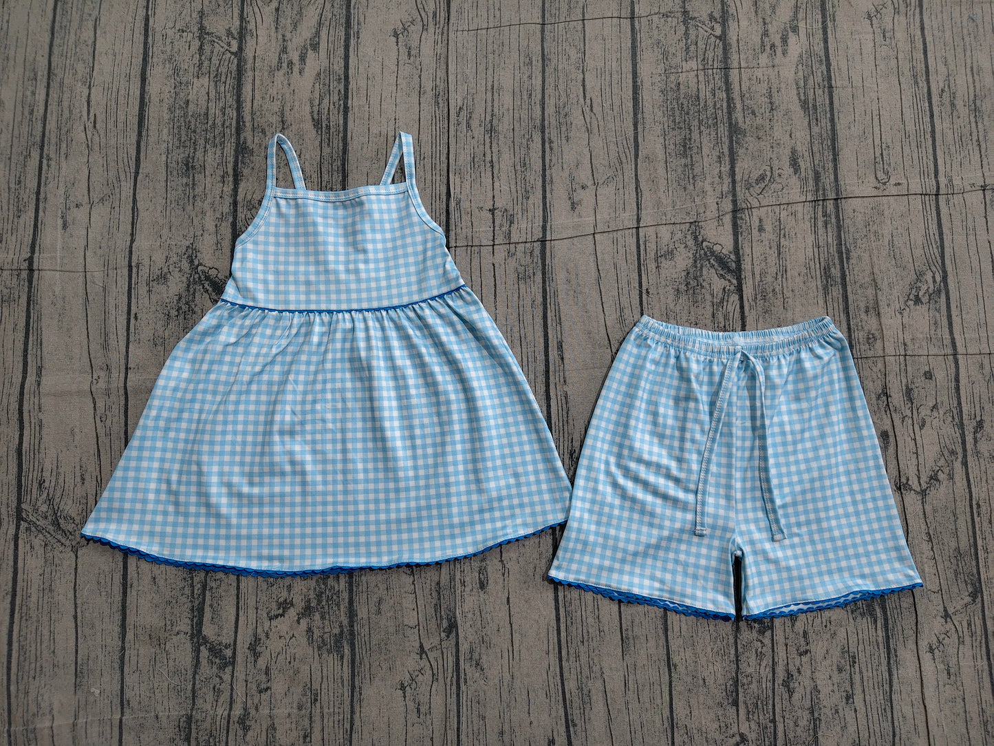 GSSO3418 Preorder Sample Baby Girl Blue Checked Strap Tunic Short Clothes Sets