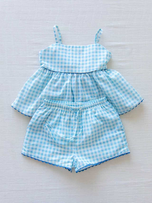 GSSO3418 Preorder Baby Girl White Polka Dots Blue Strap Shorts Set