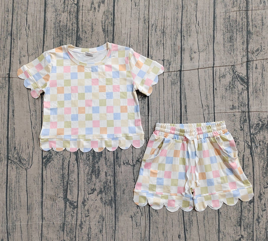 GSSO3419 Preorder Sample Baby Girl Colorful Checked Top Scallop Shorts Clothes Set