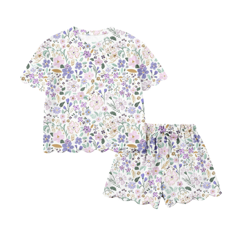 GSSO3420 Preorder Adult Women Colorful Flowers Top Scallop Short Clothes Sets