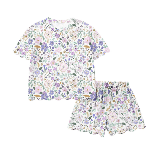 GSSO3420 Preorder Adult Women Colorful Flowers Top Scallop Short Clothes Sets
