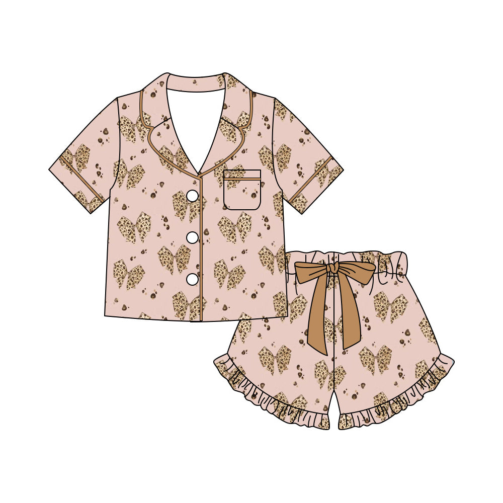 GSSO3421 Preorder Adult Women Leopard Bows Button Pocket Top Ruffle Short Pajamas Sets
