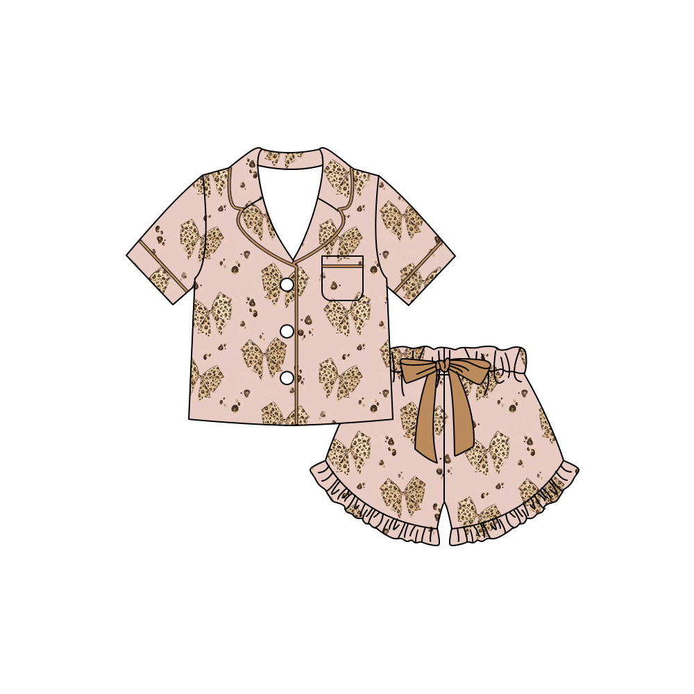 GSSO3422 Preorder Baby Girl Leopard Bows Button Pocket Top Ruffle Short Pajamas Sets