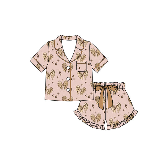 GSSO3422 Preorder Baby Girl Leopard Bows Button Pocket Top Ruffle Short Pajamas Sets