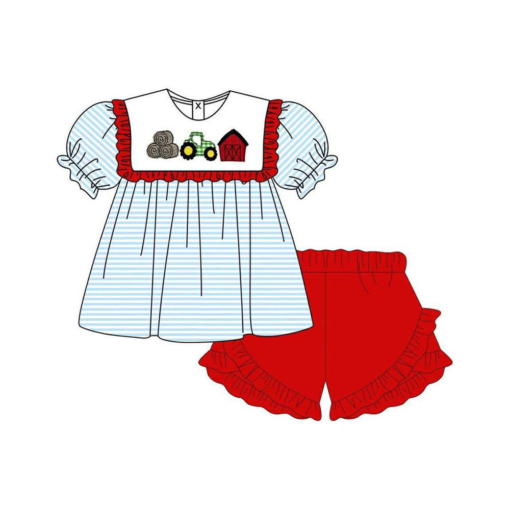 GSSO3424 Preorder Baby Girl Truck House Stripe Tunic Ruffle Shorts Farm Clothes Sets