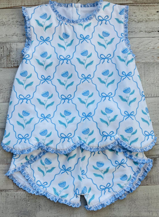 GSSO3426 Preorder Baby Girl Blue Bow Flowers Checked Tunic Ruffle Shorts Clothes Set