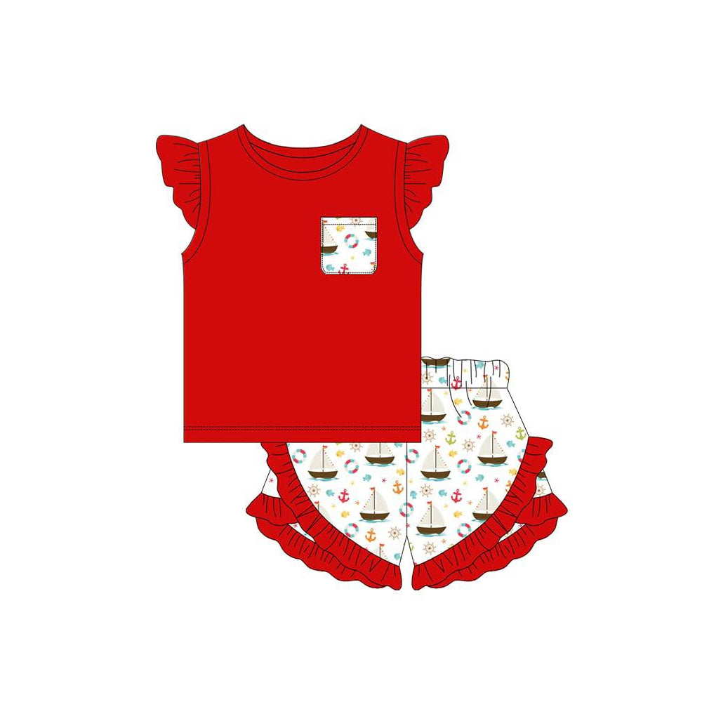 GSSO3429 Preorder Baby Girl Flutter Sleeve Boats Fishing Top Ruffle Short Clothes Sets