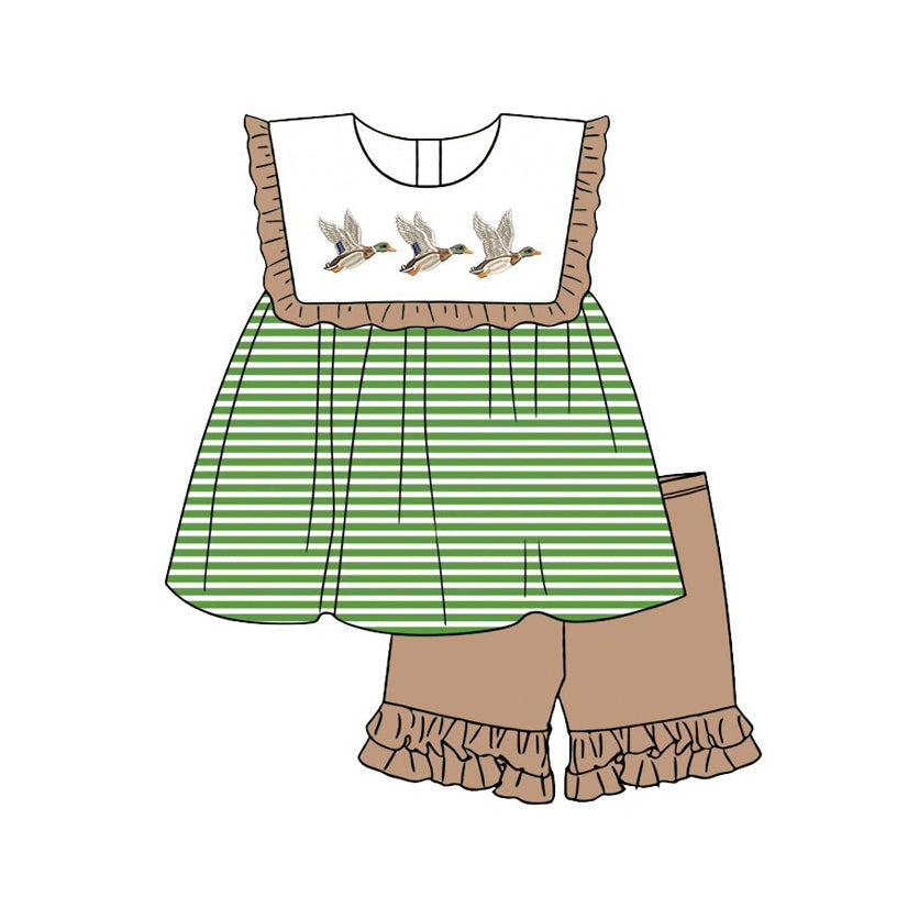 GSSO3432 Preorder Baby Girl Sleeveless Ducks Stripe Tunic Ruffle Short Clothes Sets